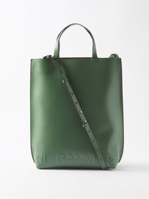 Ganni - Banner Logo-embossed Recycled-leather Tote Bag - Womens - Khaki