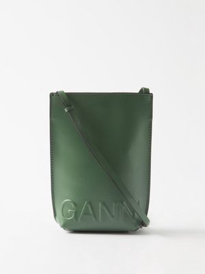 Ganni - Banner Small Logo-embossed Recycled-leather Bag - Womens - Khaki