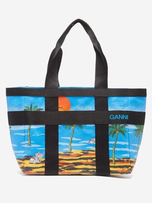 Ganni - Beach-print Coated Organic-cotton Canvas Tote Bag - Womens - Blue Multi