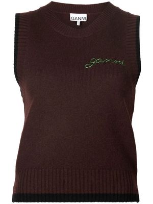 GANNI beaded logo knitted vest - Brown