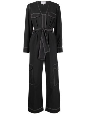 GANNI belted contrast-stitch jumpsuit - Black