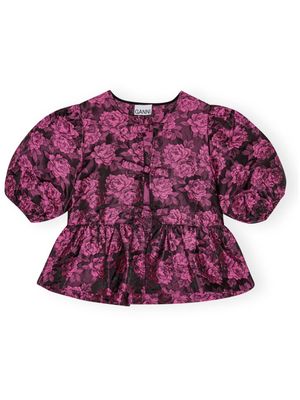 GANNI botanical-print short puff-sleeve cropped top - Pink
