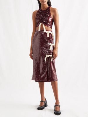 Ganni - Bow-embellished Sequinned Midi Skirt - Womens - Burgundy