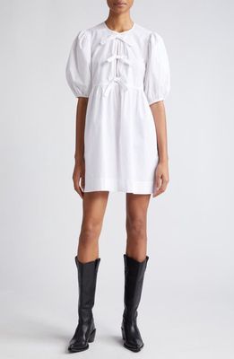 Ganni Bow Front Puff Sleeve Organic Cotton Dress in Bright White