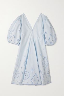GANNI - Broderie Anglaise Organic Cotton-poplin Mini Dress - Blue