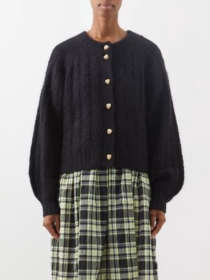 Ganni - Buttoned Cable-knit Mohair-blend Cardigan - Womens - Black