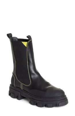 Ganni Calf Leather Mid Chelsea Boot in Black/yellow