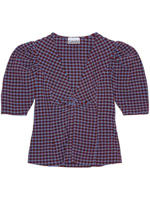 GANNI check-pattern seersucker blouse - Red