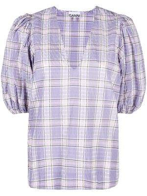 GANNI check-patterned puff sleeve blouse - Purple