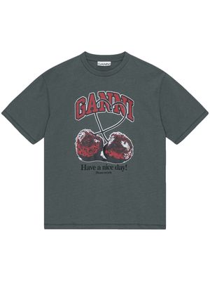 GANNI cherry-print T-shirt - Grey