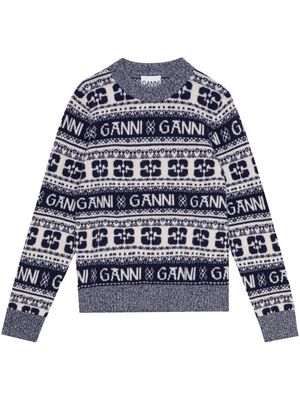 GANNI crew-neck intarsia-knit logo jumper - Blue