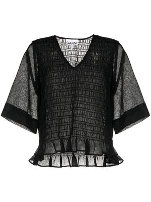 GANNI crinkled georgette smocked V-neck blouse - Black