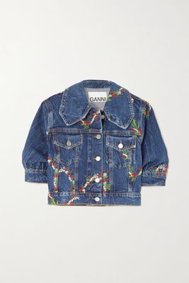 GANNI - Cropped Embroidered Denim Jacket - Blue