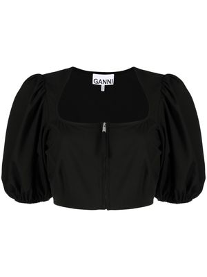 GANNI cropped puff-sleeve blouse - Black
