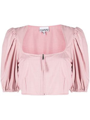 GANNI cropped puff-sleeve blouse - Pink