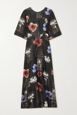 GANNI - Cutout Picot-trimmed Floral-print Linen And Silk-blend Midi Dress - Black