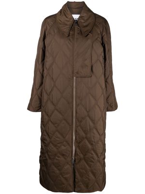 GANNI diamond-quilted ripstop long coat - Brown