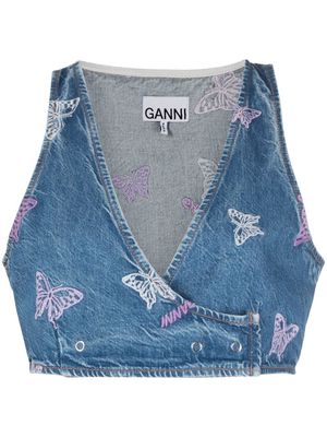 GANNI embroidered denim crop top - Blue