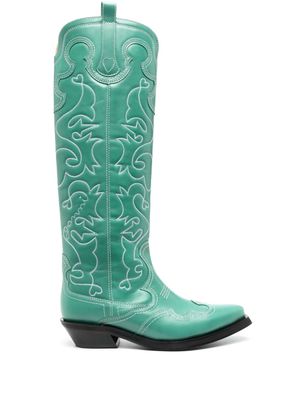 GANNI embroidered knee leather boots - Green