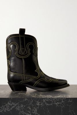 GANNI - Embroidered Leather Ankle Boots - Black
