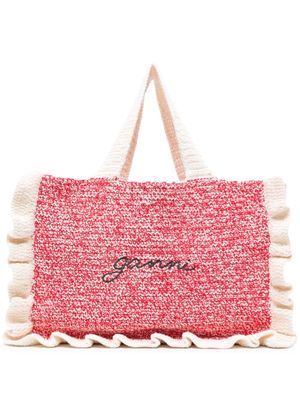 GANNI embroidered-logo knitted tote bag - White