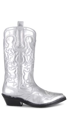 Ganni Embroidered Western Boot in Metallic Silver