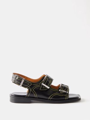 Ganni - Embroidered Western Topstitched Leather Sandals - Womens - Black