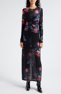 Ganni Floral Celestial Print Long Sleeve Mesh Maxi Dress in Black