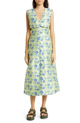 Ganni Floral Jacquard A-Line Dress in Oyster Gray/Green