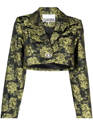 GANNI floral-jacquard cropped blazer - Black
