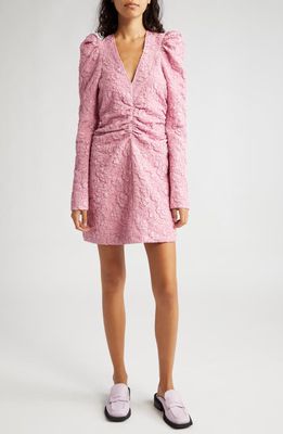 Ganni Floral Jacquard Puff Shoulder Long Sleeve Minidress in Orchid Smoke
