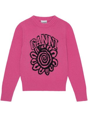 GANNI floral-motif crew-neck jumper - Pink