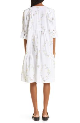 Ganni Floral Organic Cotton Shift Dress in Floral Shape Bright White