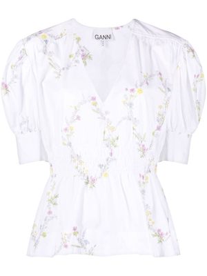 GANNI floral-print peplum blouse - White
