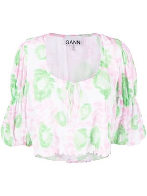 GANNI floral-print pleated georgette blouse - Pink