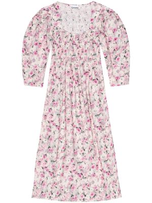 GANNI floral-print puff-sleeves midi dress - Pink
