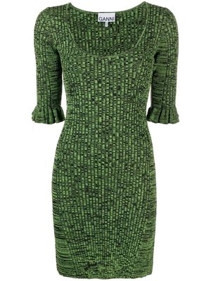 GANNI flounce-sleeve mélange mini dress - Green