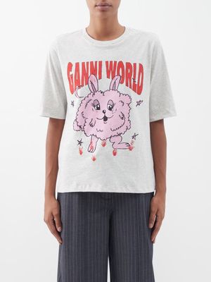 Ganni - Ganni World Bunny-print Organic-cotton T-shirt - Womens - Grey Multi