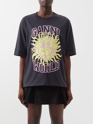 Ganni - Ganni World Smiley Organic-cotton T-shirt - Womens - Black Print