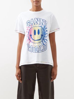 Ganni - Ganni World Smiley Organic-cotton T-shirt - Womens - Light Pink