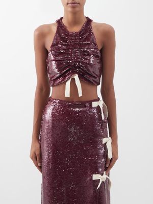 Ganni - Gathered Sequinned Recycled-fibre Cropped Top - Womens - Burgundy