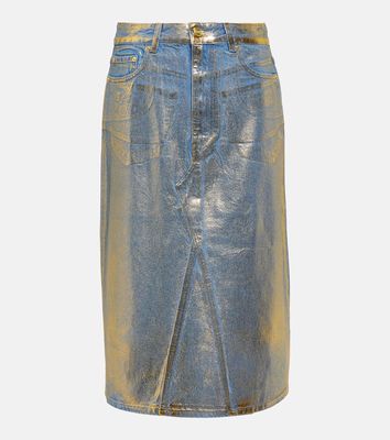 Ganni Gold-foiled denim midi skirt