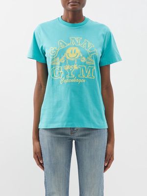 Ganni - Gym Smiley-print Organic Cotton-jersey T-shirt - Womens - Blue Multi