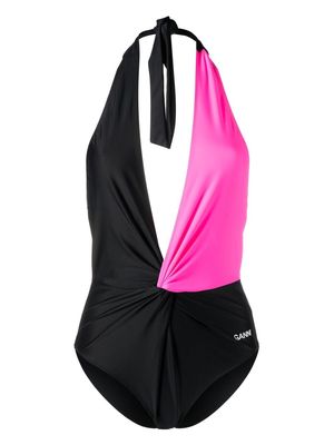 GANNI halterneck colour-block swimsuit - Black