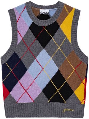 GANNI harlequin-pattern intarsia-knit vest - Grey