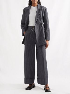 Ganni - High-rise Pinstriped Felt Wide-leg Trousers - Womens - Grey