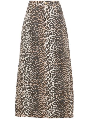 GANNI high-waisted leopard-print denim midi skirt - Neutrals