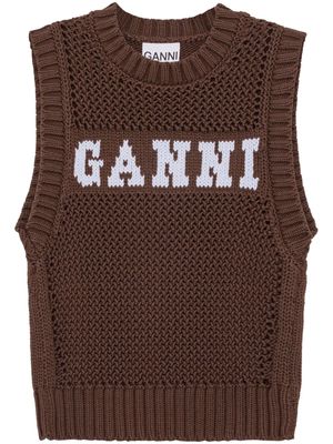 GANNI intarsia-knit logo organic-cotton blend vest - Brown