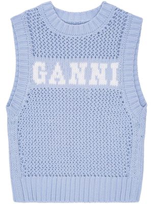 GANNI intarsia-knit logo-organic-cotton vest - Blue