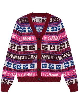 GANNI intarsia-logo V-neck cardigan - Red